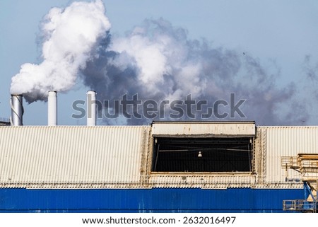 Factory rooftop with chimneys emitting thick white and gray smoke, highlighting industrial air pollution against a blue sky.