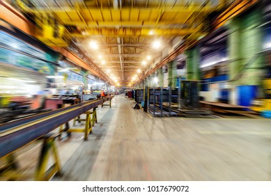 Factory Shop, View From Floor Point. Abstract Industrial Background, Motion Blur Effect.