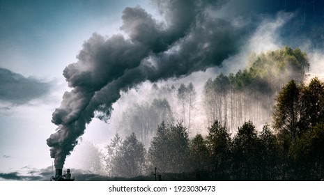 factory smoke covering green forest double exposure global warming climate change - Shutterstock ID 1923030473