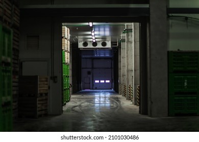 A Factory Warehouse Where There Are No People. Empty Storage Space And Hallway With Lots Of Pallets. The Dark Atmosphere Of A Closed Warehouse Without People. Distribution And Cargo