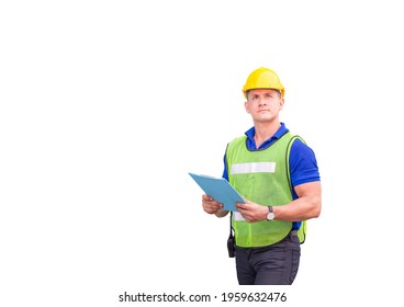 Factory Worker With Clipping Path On White Background, Engineer Man In Hardhat Holding Clipboard Checklist Smiling And Looking To The Sky