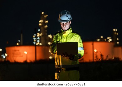 Factory worker engineer man using laptop computer for system maintenance at outdoor refinery site during night shift, working in industrial environment with focus and precision.