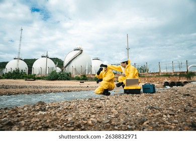 Factory worker in hazmat suit performs environmental inspection and collects oil and water samples from petroleum beach to detect marine contamination and toxic spill.