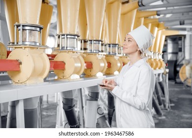 Factory Worker Inspecting Production Line Tanker In Of Flour Mill With Computer Tablet. Concept Food Industry Banner.