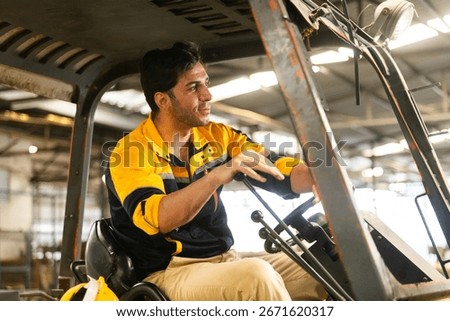 Factory worker operating a forklift inside an industrial warehouse without wearing a safety helmet, illustrating risky behavior, lack of compliance, and workplace safety  in logistics operations.