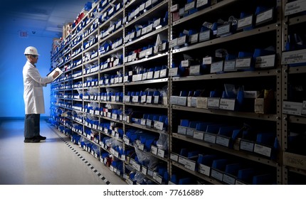 Factory Worker Taking Inventory In Stock Room Of A Manufacturing Company