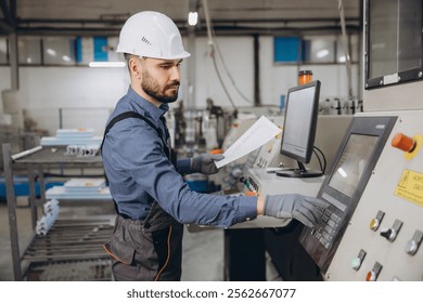 Factory worker in uniform and hardhat operating machinery while reading instructions in an aluminum and PVC windows and doors plant