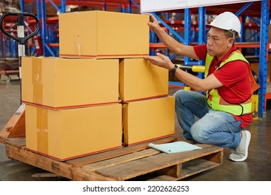 factory worker or warehouser checking corrugated boxes in the warehouse storage
