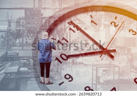 Factory worker work in plant factory process line overlay time clock. Industry factory working hours welfare concept