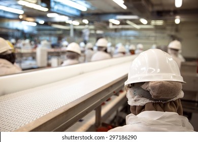 Factory Workers Grouped At Working Facility With Safety Gear And Machinery