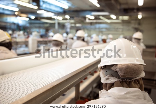 Factory workers grouped at working facility\
with safety gear and\
machinery