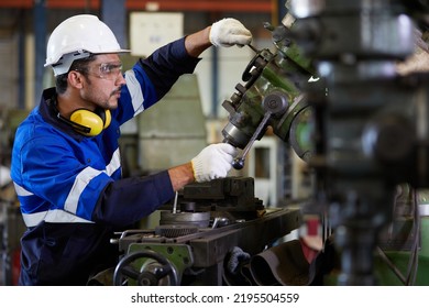 Factory Workers Or Technician Checking And Control Lathe Machine In Factory