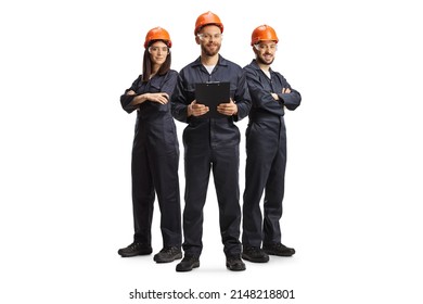 Factory workers in uniforms wearing helmets and goggles isolated on white background - Powered by Shutterstock