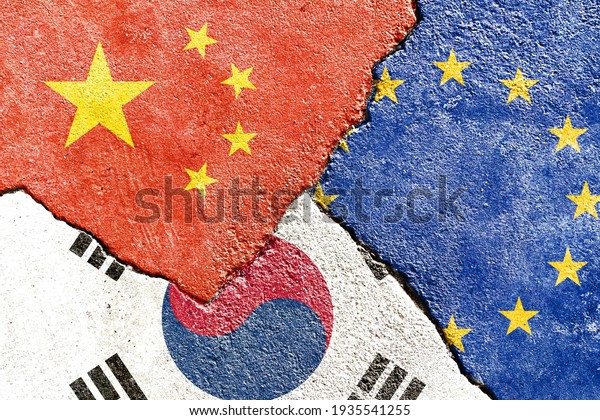Faded China vs EU vs\
South Korea national flags icon isolated on broken weathered\
cracked wall background, abstract international political conflicts\
concept texture wallpaper