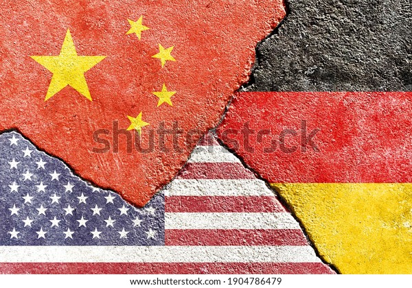 Faded China vs Germany vs USA national flags\
icon isolated on broken weathered cracked wall background, abstract\
international politics relationship friendship conflicts concept\
texture wallpaper