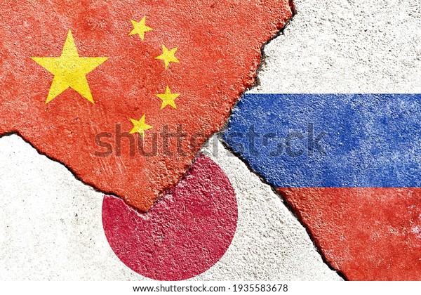 Faded China VS Russia VS Japan national flags
icon on broken weathered wall with cracks, abstract international
country political economic relationship conflicts pattern texture
background wallpaper