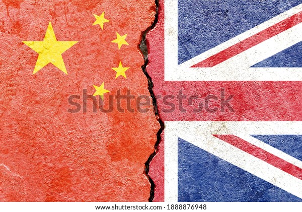 Faded China vs UK national flags icon isolated\
on broken weathered cracked concrete wall background, abstract\
China United Kingdom politics relationship friendship conflicts\
concept texture wallpaper