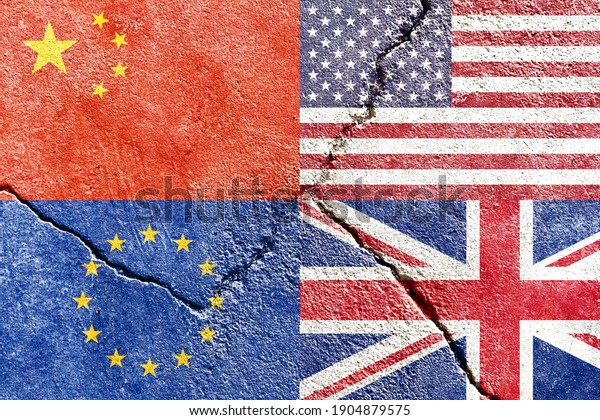 Faded China vs USA vs\
Europe vs UK national flags icon isolated on broken weathered\
cracked wall background, abstract China US EU UK politics conflicts\
concept texture wallpaper