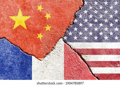 Faded China Vs USA Vs France National Flags Icon Isolated On Broken Weathered Cracked Wall Background, Abstract China US France Politics Relationship Friendship Conflicts Concept Texture Wallpaper