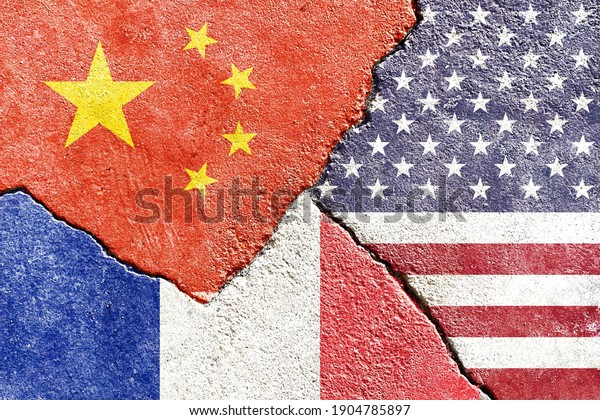 Faded China vs USA vs France national flags\
icon isolated on broken weathered cracked wall background, abstract\
China US France politics relationship friendship conflicts concept\
texture wallpaper