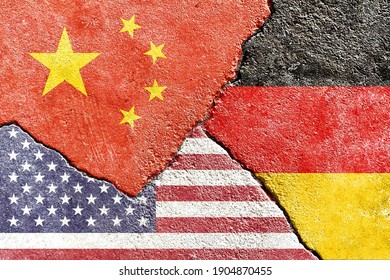 Faded China Vs USA (United States Of America) Vs Germany National Flags Isolated On Cracked Wall Background, Abstract China US Germany Politics Economy Conflicts Concept Wallpaper