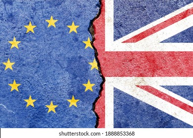 Faded EU vs UK national flags icon isolated on broken weathered cracked concrete wall background, abstract Europe UK brexit politics relationship friendship divided conflicts concept texture wallpaper