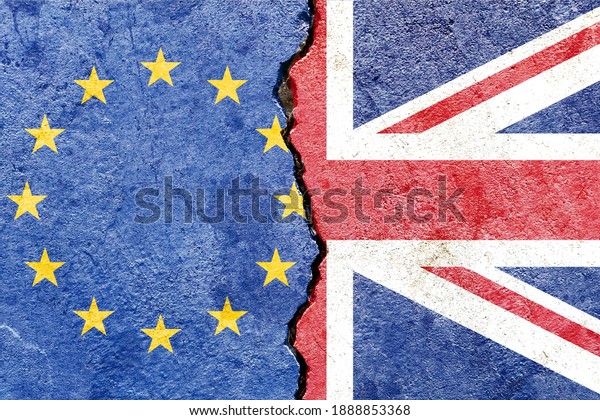 Faded EU vs UK national flags icon isolated on\
broken weathered cracked concrete wall background, abstract Europe\
UK brexit politics relationship friendship divided conflicts\
concept texture wallpaper