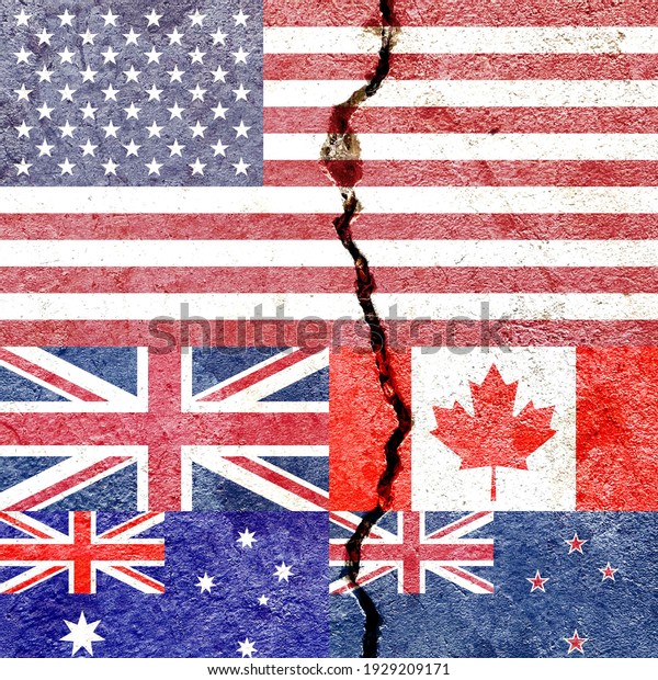 Faded Five Eyes\
(FVEY) countries national flags icon isolated on cracked wall\
background, abstract US, UK, Canada, Australia and New Zealand\
politics conflicts concept\
wallpaper