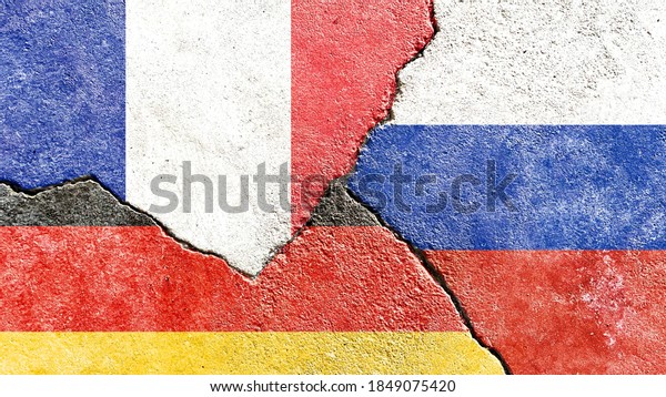 Faded France VS Germany VS Russia national\
flags isolated on broken weathered cracked wall background,\
abstract France Germany Russia politics relationship conflicts\
concept texture wallpaper