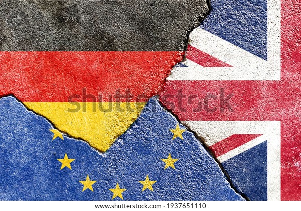 Faded Germany VS UK VS EU national flags icon\
on broken weathered wall with cracks, abstract international\
country political economic relationship conflicts pattern texture\
background wallpaper