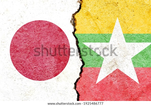 Faded Japan VS Myanmar national flags icon\
pattern isolated on broken weathered cracked wall background,\
abstract international political relationship friendship conflicts\
concept texture wallpaper