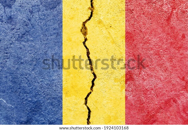 Faded Romania national flag icon pattern\
isolated on broken weathered cracked concrete wall background,\
abstract Romanian politics economy society conflicts concept\
pattern texture wallpaper