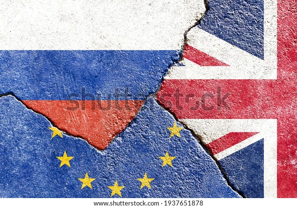 Faded Russia VS\
UK VS EU national flags icon on broken weathered wall with cracks\
background, abstract Russia UK EU politics economy relationship\
conflicts texture\
wallpaper