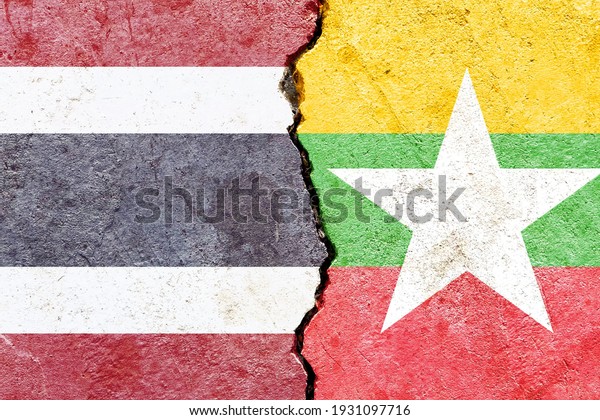 Faded Thailand VS Myanmar national flags icon\
pattern isolated on broken weathered cracked wall background,\
abstract international political relationship friendship conflicts\
concept texture wallpaper