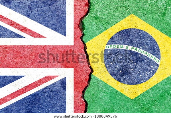 Faded UK VS Brazil national flags icon isolated\
on broken weathered cracked concrete wall background, abstract\
international political relationship friendship conflicts concept\
texture wallpaper