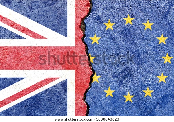 Faded UK vs EU (European Union) national flags\
icon isolated on broken weathered cracked concrete wall background,\
abstract Europe politics economy relationship friendship issues\
concept wallpaper