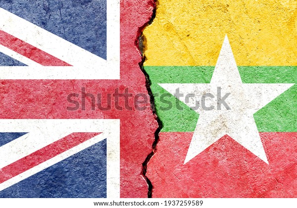 Faded UK VS Myanmar national flags icon on\
weathered cracked wall background, abstract vintage international\
political economic relationship conflicts concept painted pattern\
texture wallpaper