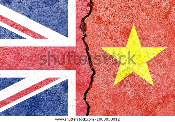 Faded UK VS Vietnam national flags icon\
isolated on broken weathered cracked concrete wall background,\
abstract international political relationship friendship conflicts\
concept texture wallpaper