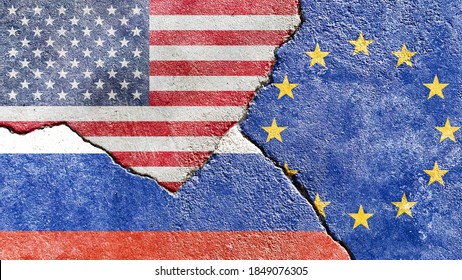 Faded US (United States) VS Russia VS EU (European Union) Flags Isolated On Cracked Wall Background, Abstract USA Russia Europe Politics Partnership Relationship Conflicts Concept