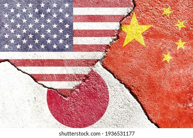 Faded US (United States) Vs China Vs Japan National Flags Isolated On Cracked Wall Background, Abstract US China Japan Politics Economy Trade Military Conflicts Concept Wallpaper