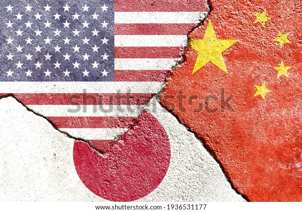 Faded USA vs China vs Japan national flags icon\
isolated on broken weathered cracked wall background, abstract US\
China Japan politics economy trade military conflicts concept\
texture wallpaper
