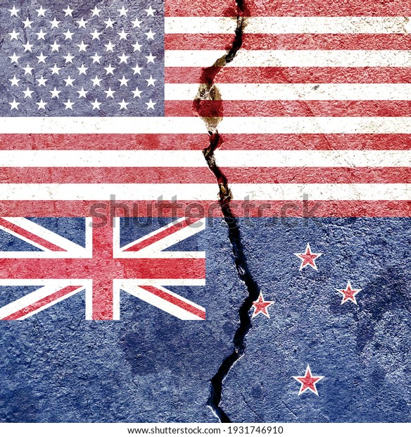 Faded USA VS New Zealand national flags icon\
pattern isolated on broken weathered cracked wall background,\
abstract international political relationship friendship conflicts\
concept texture wallpaper