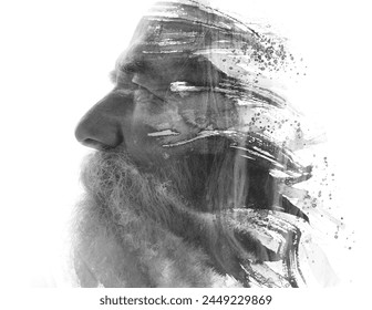 A fading paintography double exposure portrait profile of an old bearded man - Powered by Shutterstock