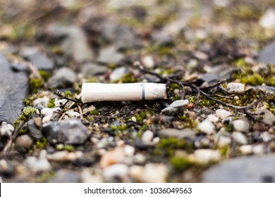 fag end cigarette butt stub outdoor stone ground closeup