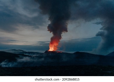 Fagradalsfjall, Iceland - June, 2021: Volcano Eruption Near Reykjavik, Iceland. High Quality Photo