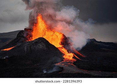 Fagradalsfjall volcano eruption on Reykjanes peninsula, Iceland.