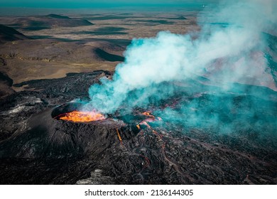 Fagradalsfjall Volcano Eruption Site. Aerial Views Of The Core And The Dried Lava Field.