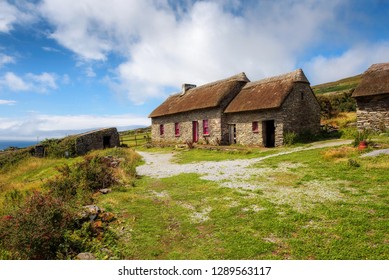 Fahan, Ireland - August 3, 2018 : Slea Head Famine Cottages Built In The Mid Nineteenth Century Housing People Through One Of The Worst Famines In Western Europe, The Great Irish Famine.