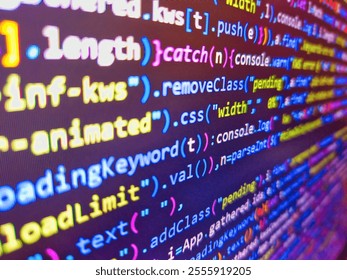 Failed reading data. Flight information display screen board. Code background. Programming concept. Software development monitor screen background. Web dewelopment. Javascript code. Blue color.