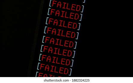 Failure concept, computer monitor display red word FAILED repeated many times, computation fatal error, program fail, software task chain failing, technology abstract, simple dark repetitive pattern